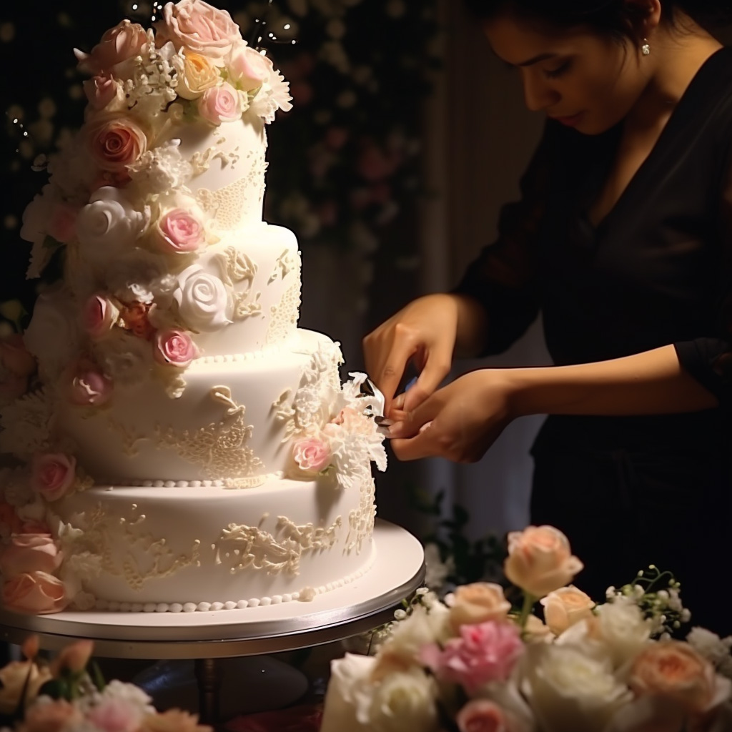 Image of a pastry chef doing final decorations on a wedding cake. Whether it's a unique cake design, specific dietary preferences, or delivery details, Omotenashi ensures that no detail is overlooked, making each occasion memorable.