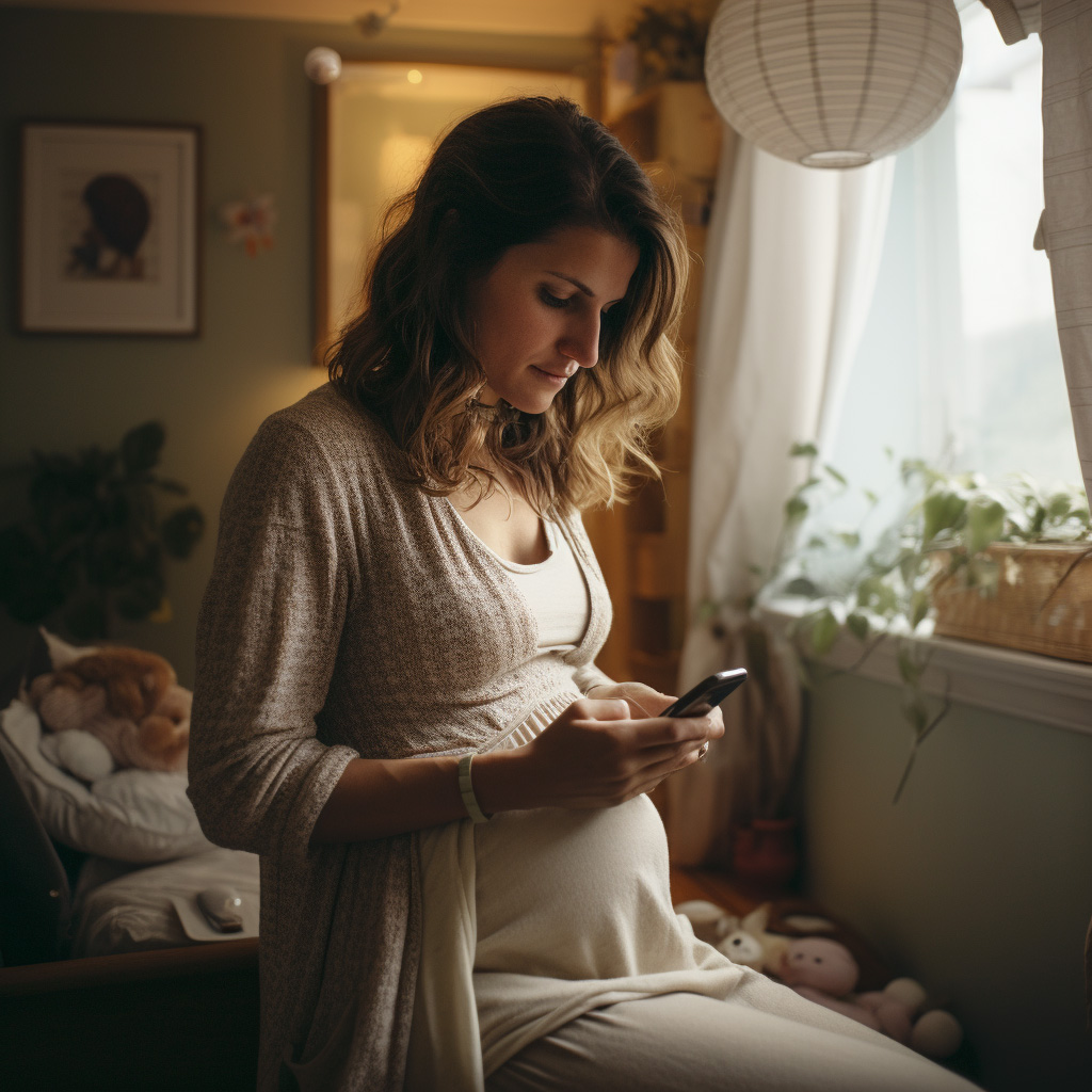 Image of a pregnant mother texting a cake shop through Google Business Messages and Omotenashi. Omotenashi Conversational Commerce integrates with Google Search and Maps for messaging